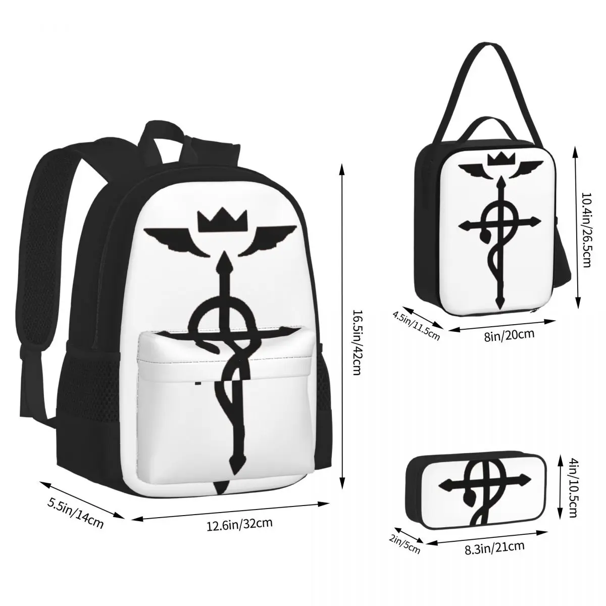 Fullmetal-Sacs à dos Alchemist Flamel Insignia pour garçons et filles, cartable pour étudiants, sac à dos scolaire, sac à lunch, sac à stylos, ensemble de 3 pièces