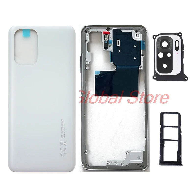 For Xiaomi Redmi Note 10 Back Cover + Middle Frame + Volume Button + Camera Glass Lens + Sim Tray Smartphone Parts