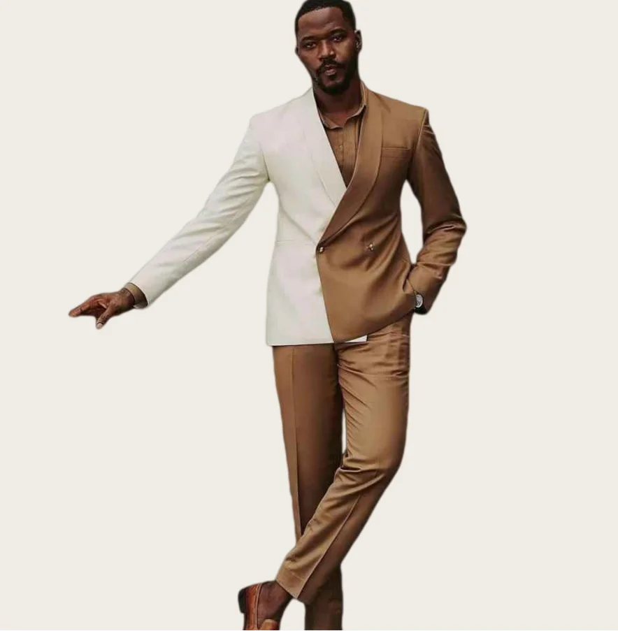 

Elegant Brown White Men Suit Double Breasted Slim Fit Peak Lapel 2 Piece Formal Groom Wedding Tuxedos Blazer+Pants Costume Homme