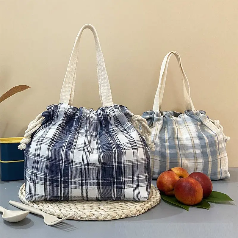 Plaid Drawstring Handbag Waterproof Oil Resistant Lunch Bag Portable Cosmetic Storage Pouch Fashion Carry Tote
