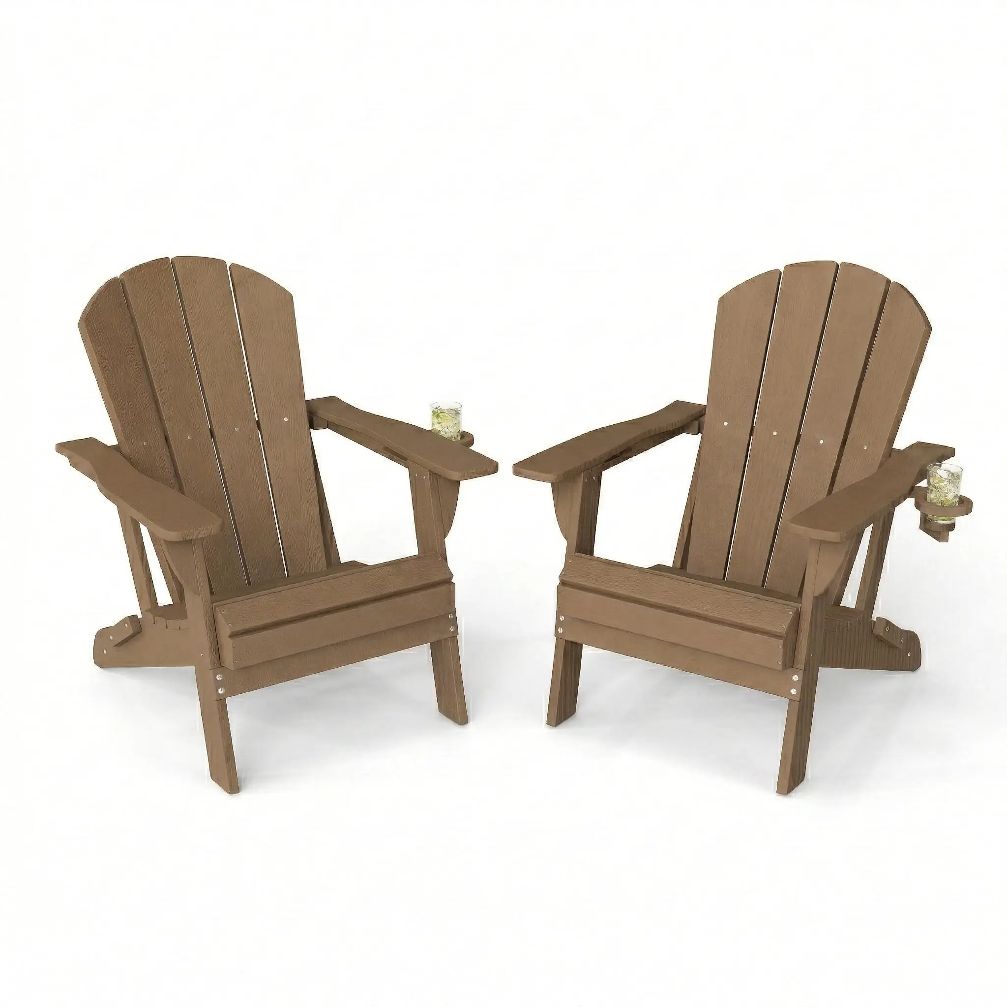 Folding Adirondack Chairs Set of 2, Portable HDPE All Weather Resistant Outdoor Patio Chair, Wooden Textured with Cup