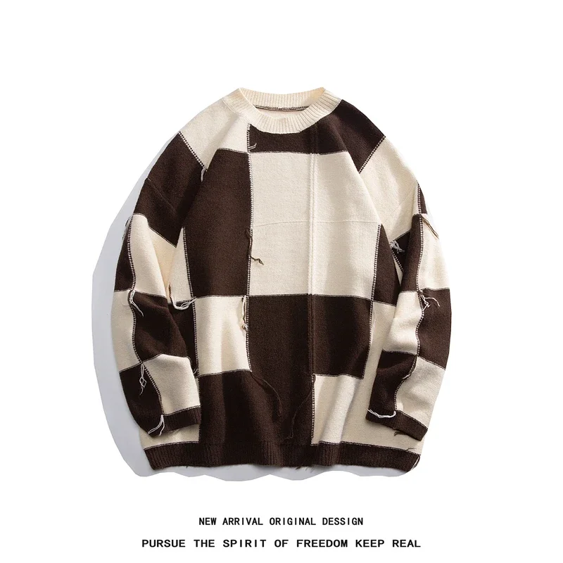 

Korean Couple Checkerboard Jumper Loose Round Neck Pullover Knitted Sweater Tassel Design Street Knitwear Casual Clothing