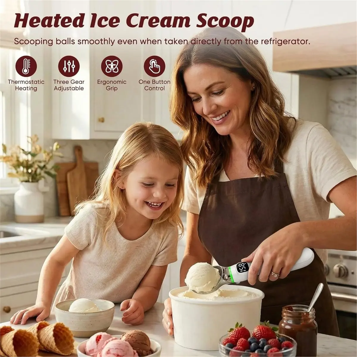 11·11COUPON Heated Ice Cream Scoop, Rechargeable Electric Ice Cream Scoop with LED Display, 3 Heat Levels 122°F/140°F/158°F