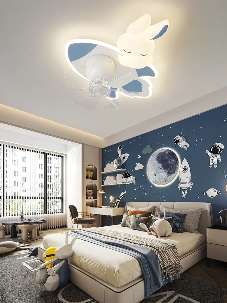 Children's Room Eye Protection Light Nordic Cartoon Rocket Rabbit Male and Girl Room Shake Head Silent Fan Bedroom Ceiling Light