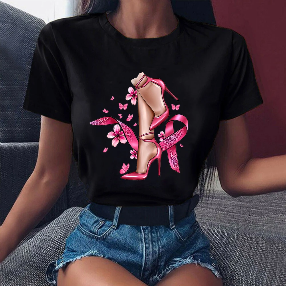 

2024 Hot Sale Breast Cancer Awareness Print Black T Shirt Women Pink High Shoes Tshirt Femme Summer Short Sleeve T-Shirt Female