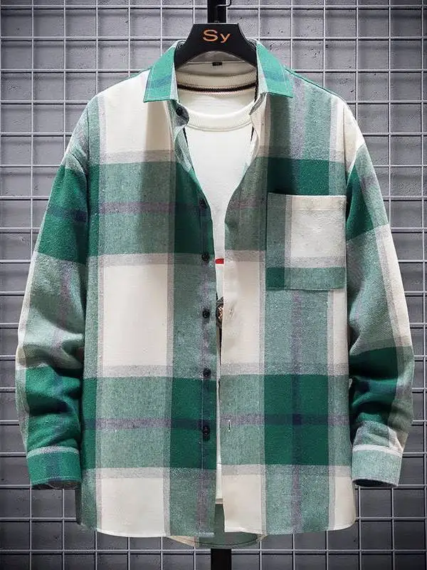 

New Men's Loose Brushed Plaid Long Sleeve Shirt Youth Fashion PU Leather Thickened Spring CleanFit Square Collar Inner Wear