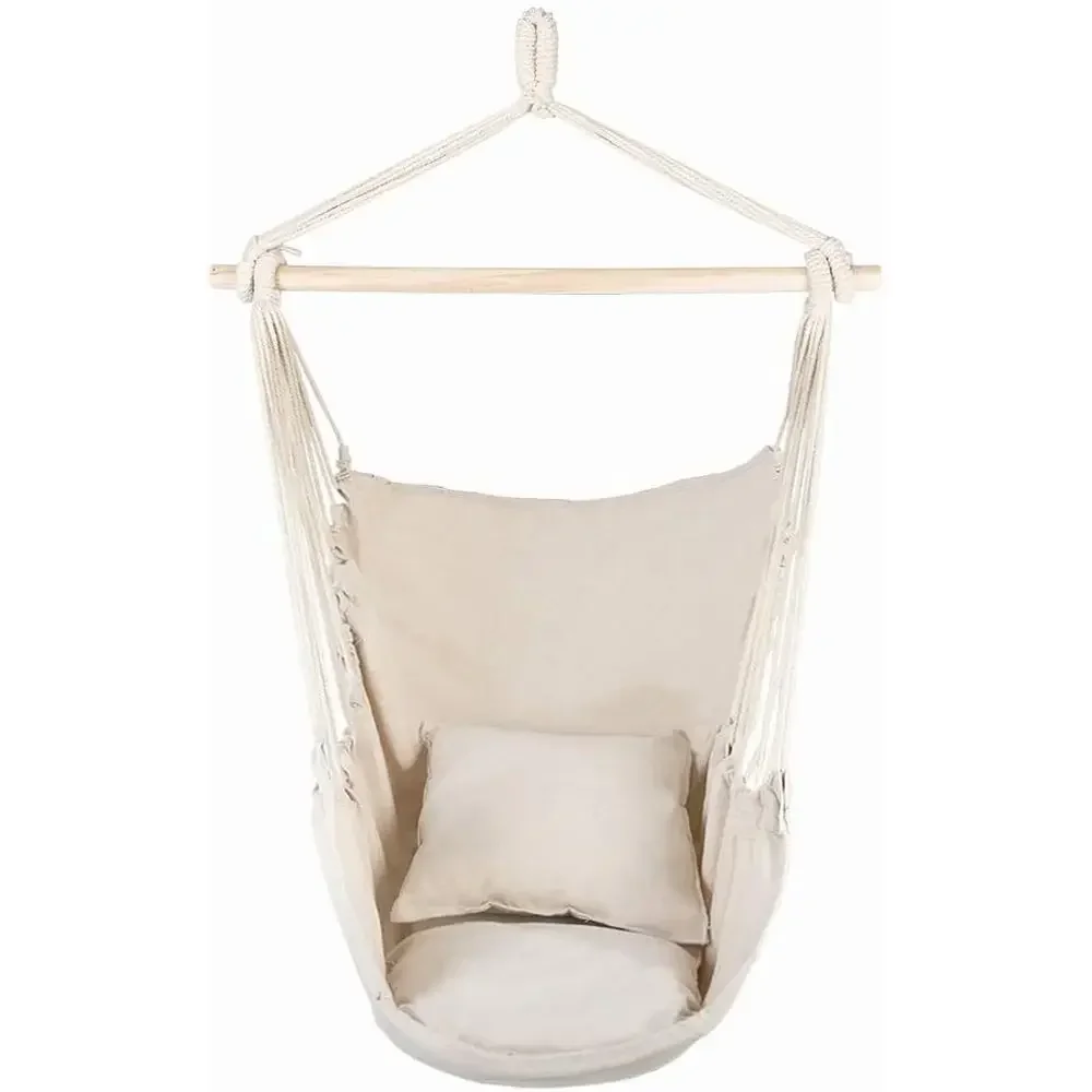 Cotton Woven Hammock Chair with 2 Cushions,300lbs, Suitable for Indoor and Outdoor Use (Beige)
