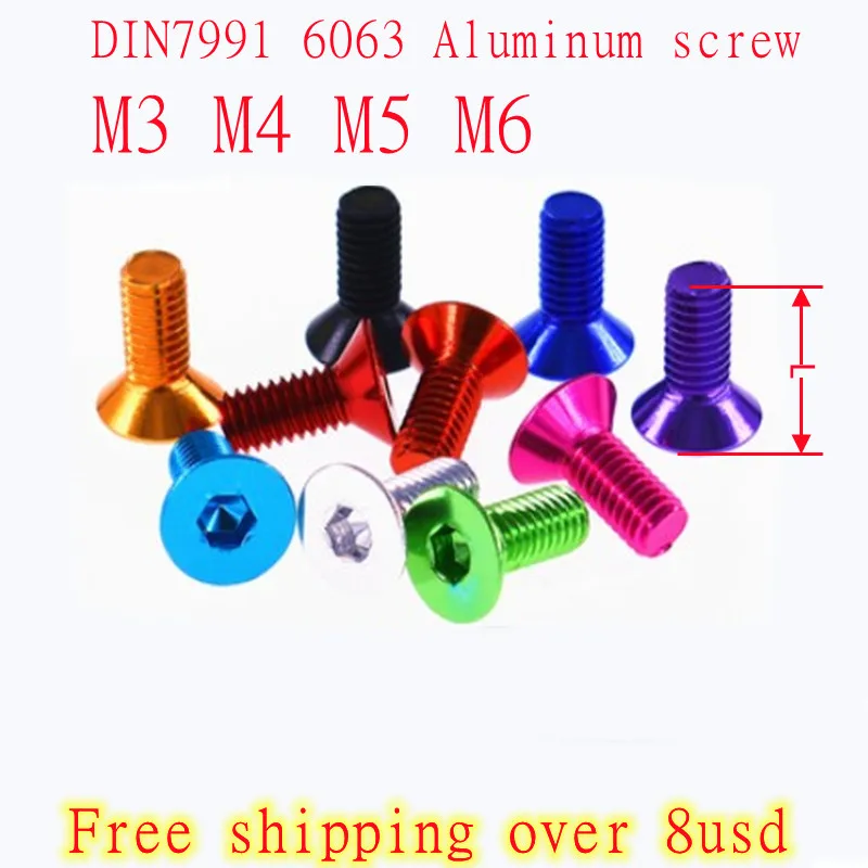 10pcs Aluminum Flat Screws m3 M4 M5 M6 Flat Hex Socket Countersunk head Screws Bolts Anodized Color