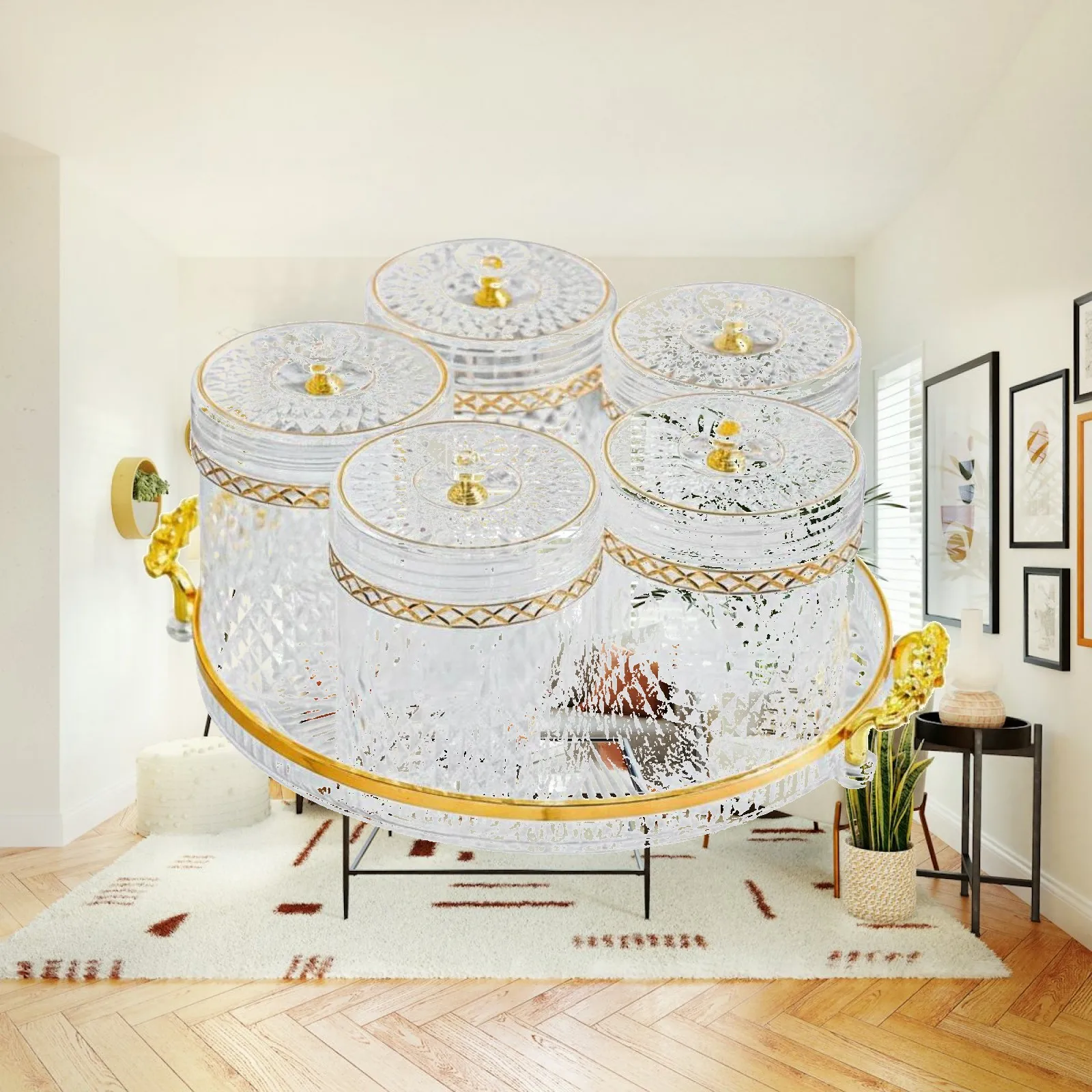 High Foot Rotating Storage Jar Set for Grains Pasta Pastries with Ornate Handles Elegant Golden Diamond Kitchen Accessory