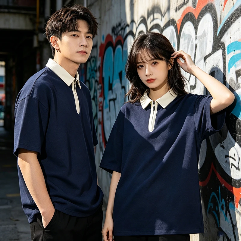 Summer couple Solid Color Shirts Streetwear Sleeve Tshirts for couple Casual Lightweight Polo Shirt Short Lapel Jogging Tops ﻿