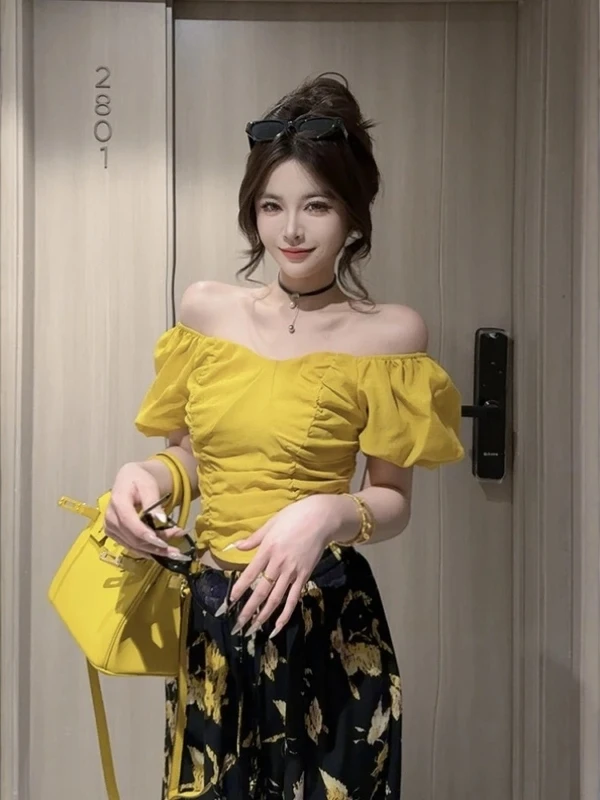 

Ele Pleated One-oulder ort-Sve Women's irt Slimming Design Summer New Sle Commute Korean Version Bubble Sve