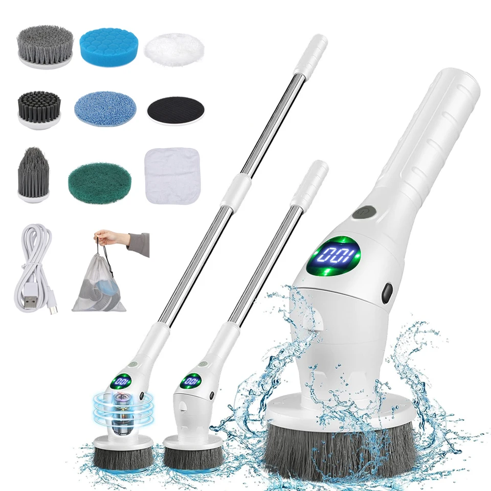 FIYAPOO Brosse de nettoyage électrique, Spin Scrubber avec poignée réglable et 8 têtes de brosse de perçage interchangeables, brosse à joints d'angle pour salle de bain, cuisine, voiture, sol, WC