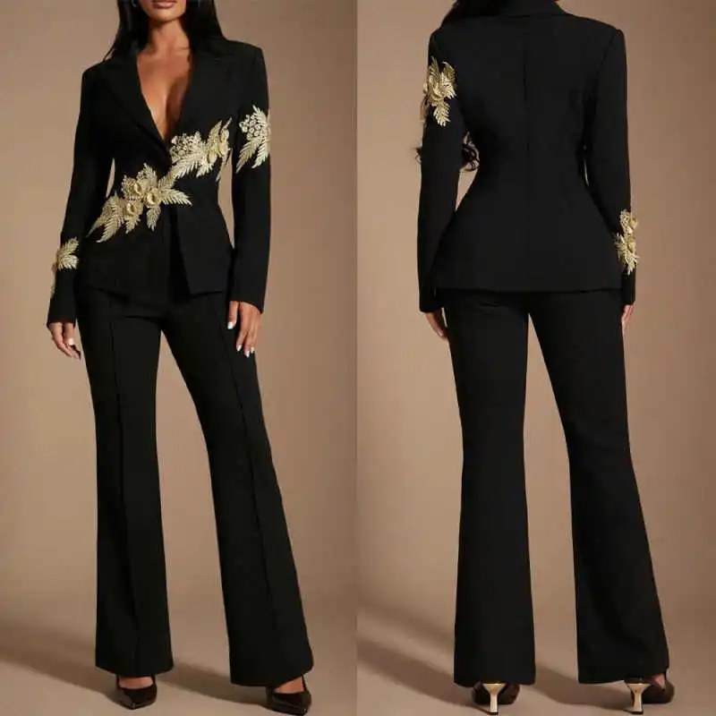 

Elegant Customized Mother Of The Bride Suits 2 Pieces Deep V Neck Long Sleeve Office Ladies Work Jacket Outfits