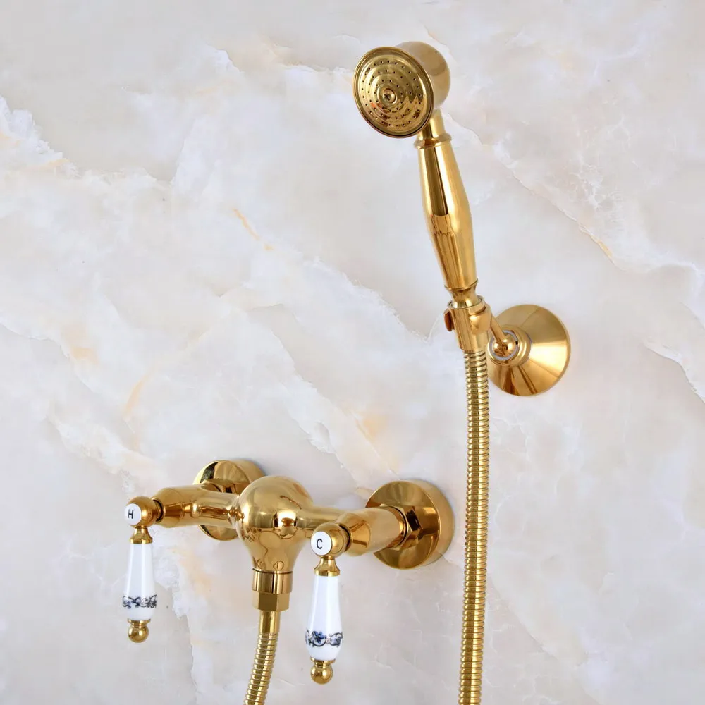 

Contemporary Luxury Gold Color Brass Wall Mounted Bathtub Faucet with Handheld Shower Set +150CM Hose Mixer Tap 2na981