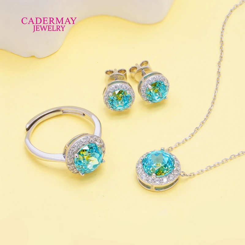 متوفر في المخزون مجموعة مجوهرات فضية S925 أحجار كريمة عين مختلط الألوان الأزرق الأحجار الكريمة الاصطناعية خاتم هالة أقراط قلادة للنساء هدية #3