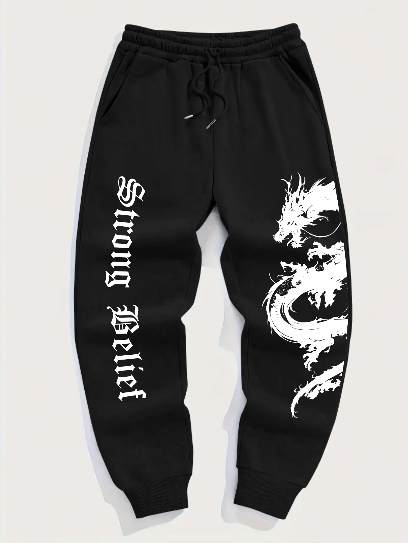 Mighty oriental dragon silhouette with gothic vertical slogan graphic sweatpants for men hip hop sports street jogger trousers