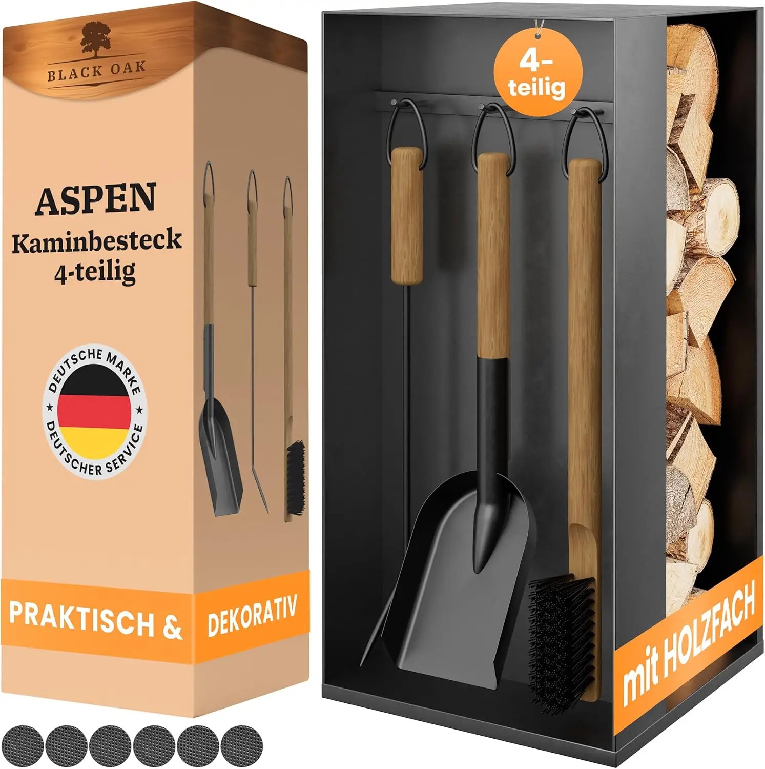 BLACK OAK Fireplace cutlery ASPEN 4-Piece Practical & Representative Oven cutlery Set Black with Wooden Handle 4 Piece Stand + S