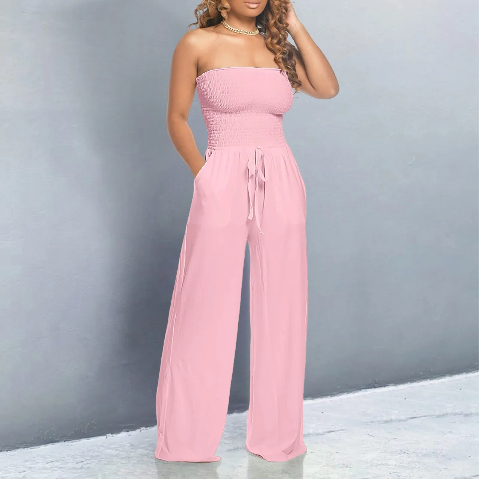 

2024 Wide Leg Jumpsuit Summer Chest Wrap Overall Solid Color Sexy Elegance Strapless Off Shoulder Corset Lace Up Casual Rompers