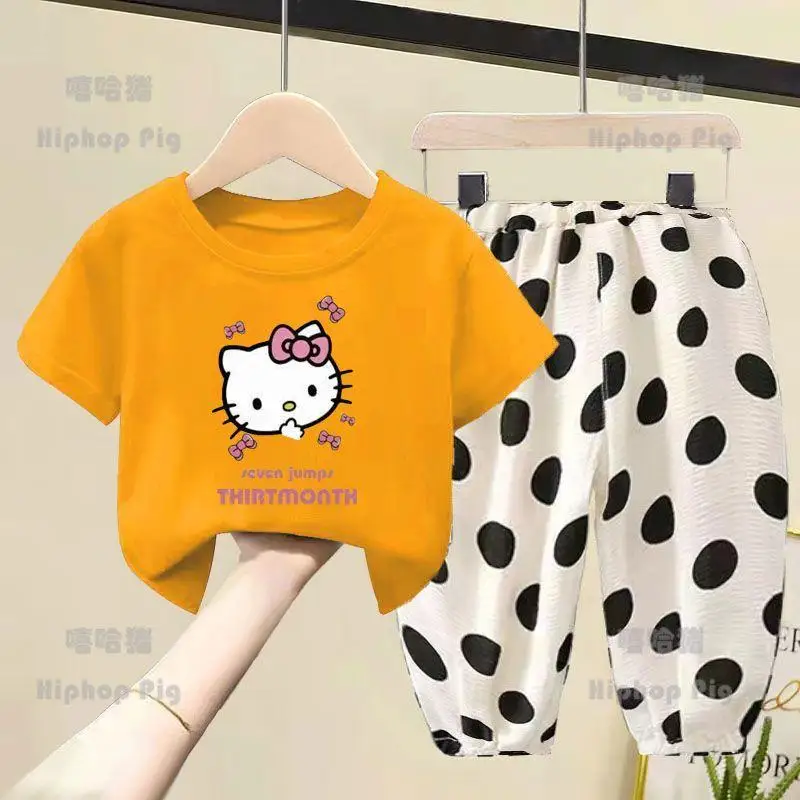 

Hello Kitty Kids Cartoon Short Sleeved Pants Sanrio Children's T-Shirt Sets Kawaii Summer Fashion Leisure Clothes Girl's Gift