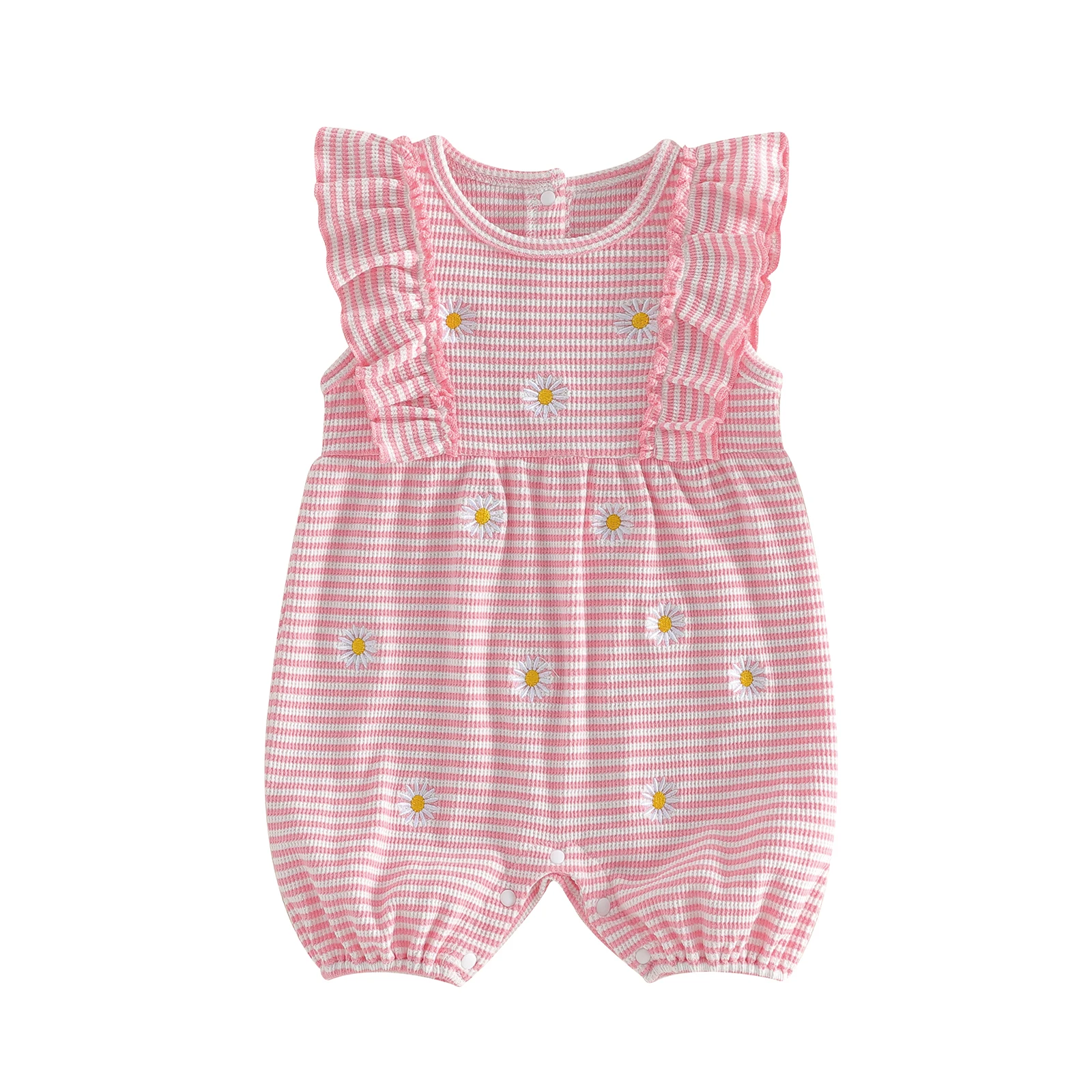 

Детские комбинезоны для девочек с вышивкой ромашками, в полоску, с круглым вырезом, оборками, рукавами-крылышками, вафельные, для младенцев