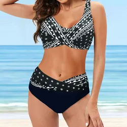 Summer Women's Ethnic Printed Swimming Suit Beach Boho Bikini Swimsuit Fashion Tie Neck Bathing Suit Swimwear Two Piece Set