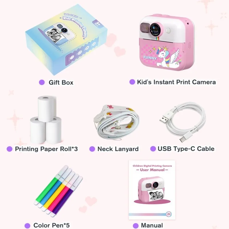 Kids Instant Camera Photo Printing Camera Games Flashlight 1080P Video Recorder with 3 Roll Paper Lanyard 1500Mah 2.4inch Screen