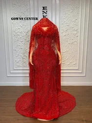 Satin Aso Ebi Mermaid Evening Dresses Off The Shoulder African Lace Up Beaded Wedding Party Dress Luxury Formal Dress Customized