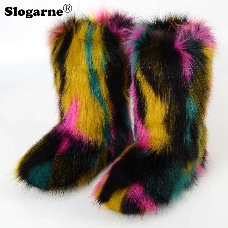 Women\'s Winter Colourful Fox Fur Snow Boots Outdoor Luxury Furry Faux Fur Boots Female Plush Warm Bottes Woman Fashion Fur Shoes