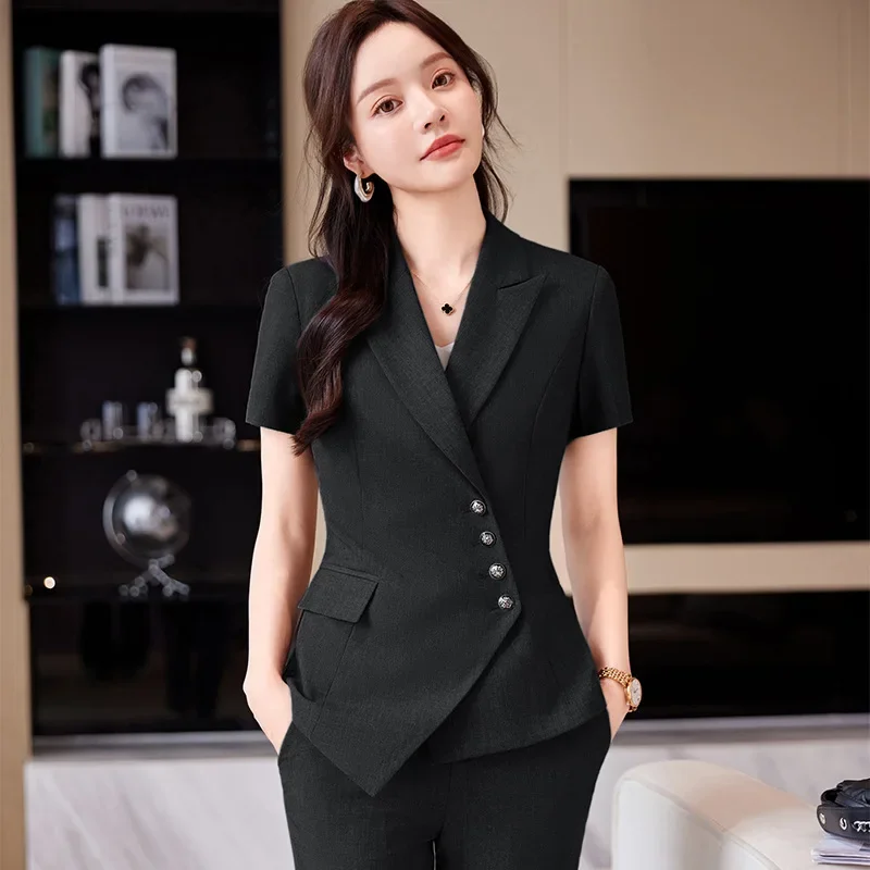 Pop Novelty Gray Formal Uniform Designs Pantsuits Summer Short Sleeve For Women Professional Office Work Wear Blazers Career Sui