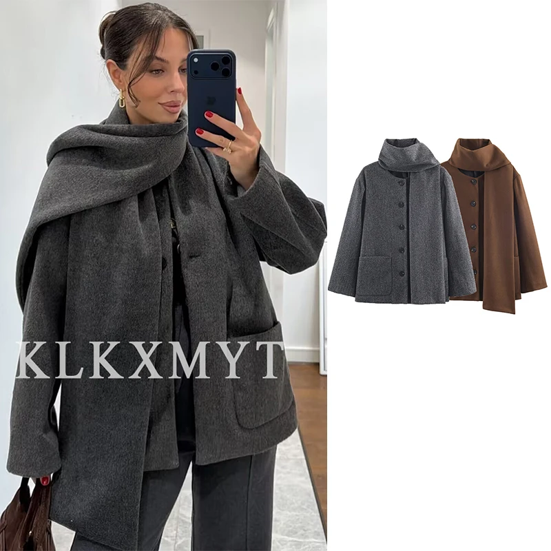 

Women Scarf Collar Jacket 2025 Women Long Sleeve Leisure High Street Short Jacket Lady Autumn Winter New Fashion Outerwears