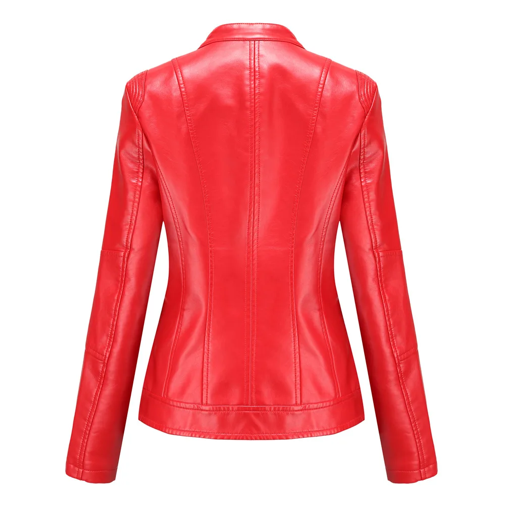 

Women Bright Red PU Leather Moto Jacket, Stylish Short Fit with Front & Sleeve Zippers, Beige, Black, Blue, Green Coat Available