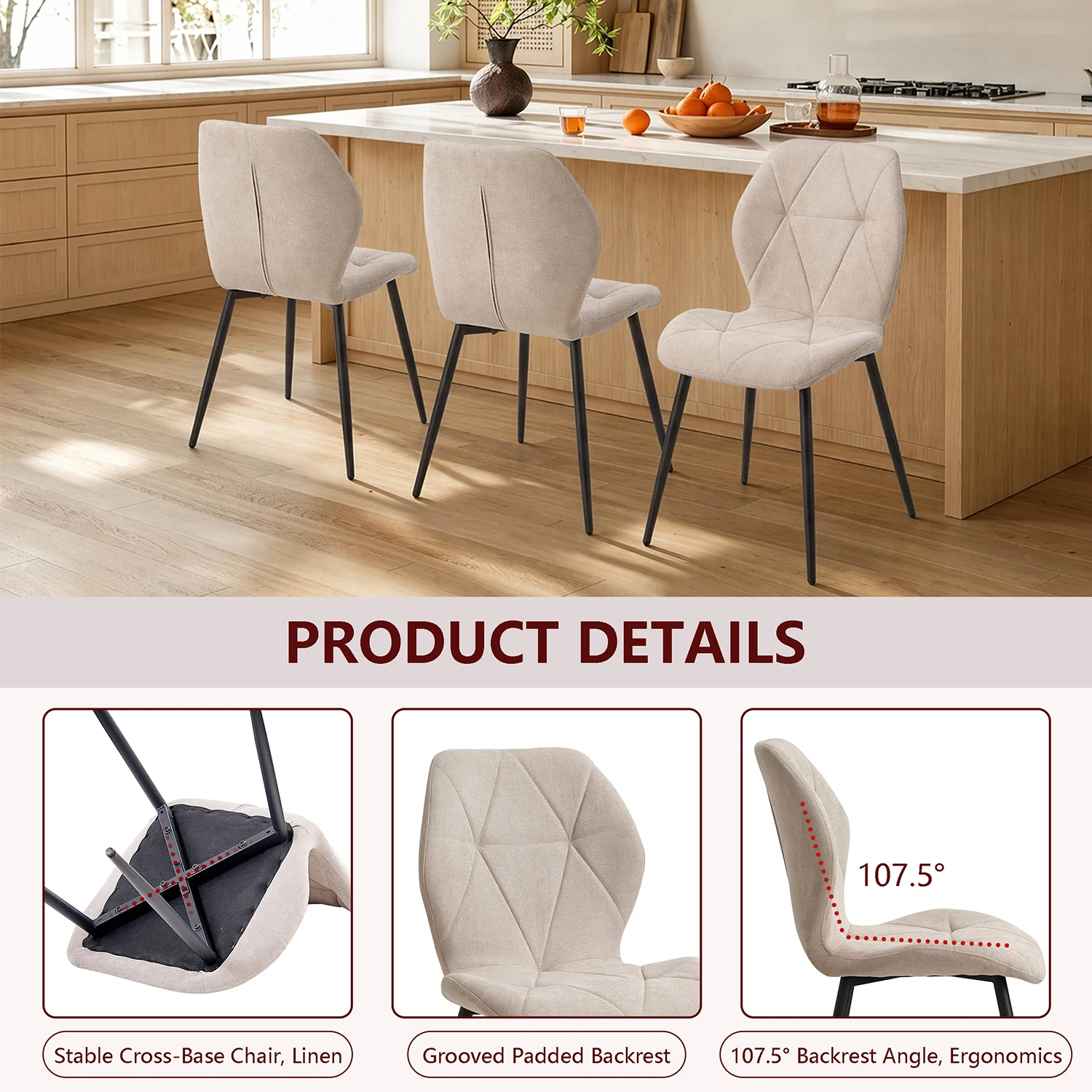GrandCA HOME Set mit 2/4/6 modernen Esszimmerstühlen, gepolstert, mit Leinenstoff bezogen, minimalistische Bürostühle für Küche und Esszimmer – Detail 6