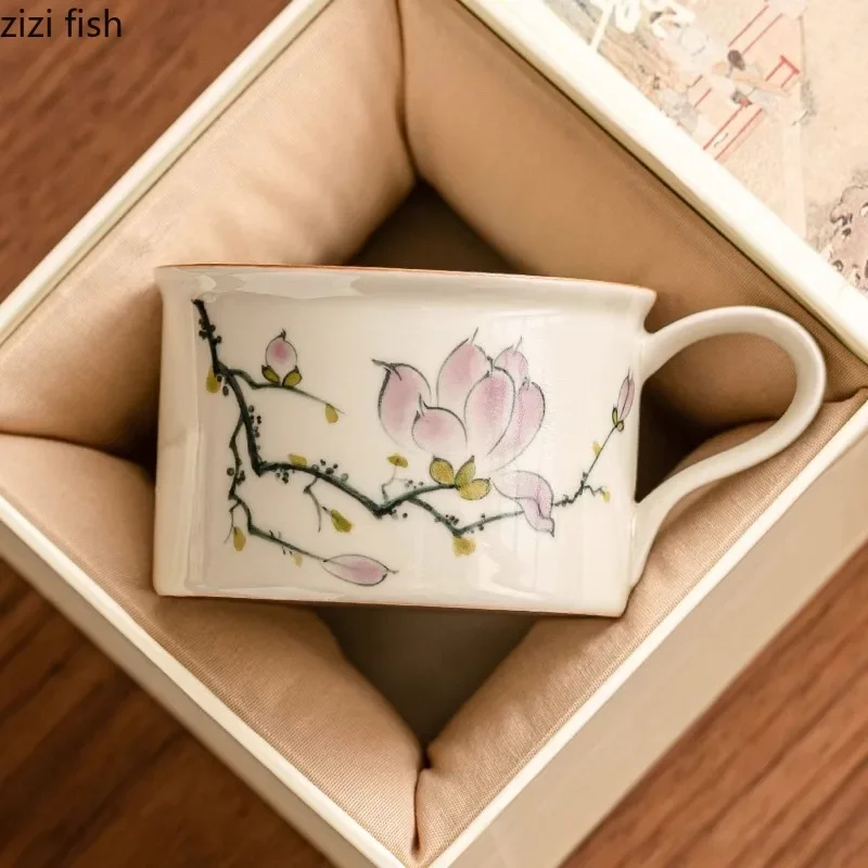 Hand Drawn Magnolia Ceramic Mug Creative Coffee Cup with Plate and Spoon Afternoon Tea Beverage Cup Milk Tea Cup Water Cups