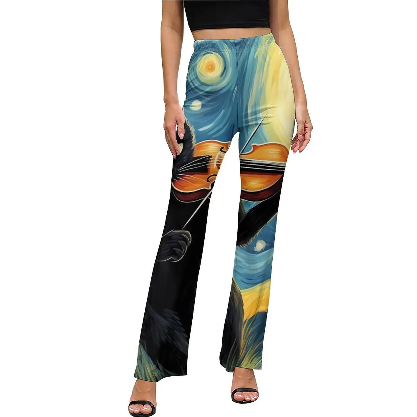 Van Gogh Starry Night Casual Pants Women Black Cat Playing Violin Slim Street Fashion Flared Pants Summer Kawaii Custom Trousers