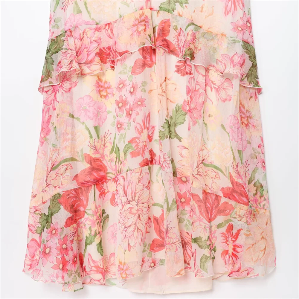 Verão feminino novo fino ajuste cinto em camadas impressão decorativa gola sem mangas vestido longo