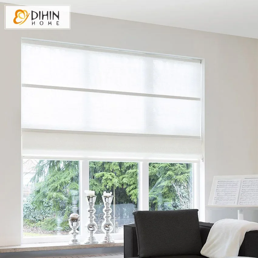 

Modern Motorized Solid White Color Roman Shades Light Filter / Blackout Roman Blinds Window Curtains With Chain Mechanism