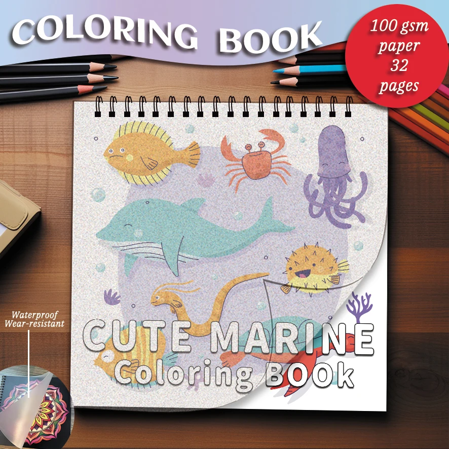 Cute Sea Creatures Coloring Book - 8.27 x 8.27 inches 32 pages coloring book - Ideal gift for family or friends