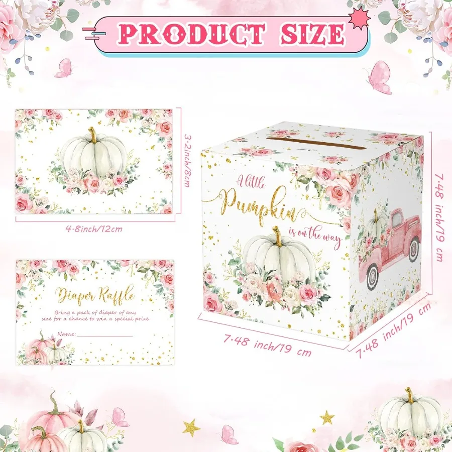 51 Pcs Thanksgiving Pumpkin Diaper Raffle Card Box with Diaper Raffle Tickets Insert Card Little Pumpkin Is on The Way for Baby