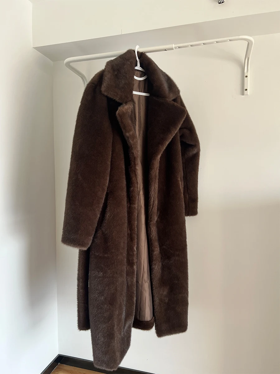 Casaco maxi de pele sintética marrom vintage premium com cinto deslumbrante mob esposa parka outwear pele de vison aconchegante inverno roupa quente inspiração