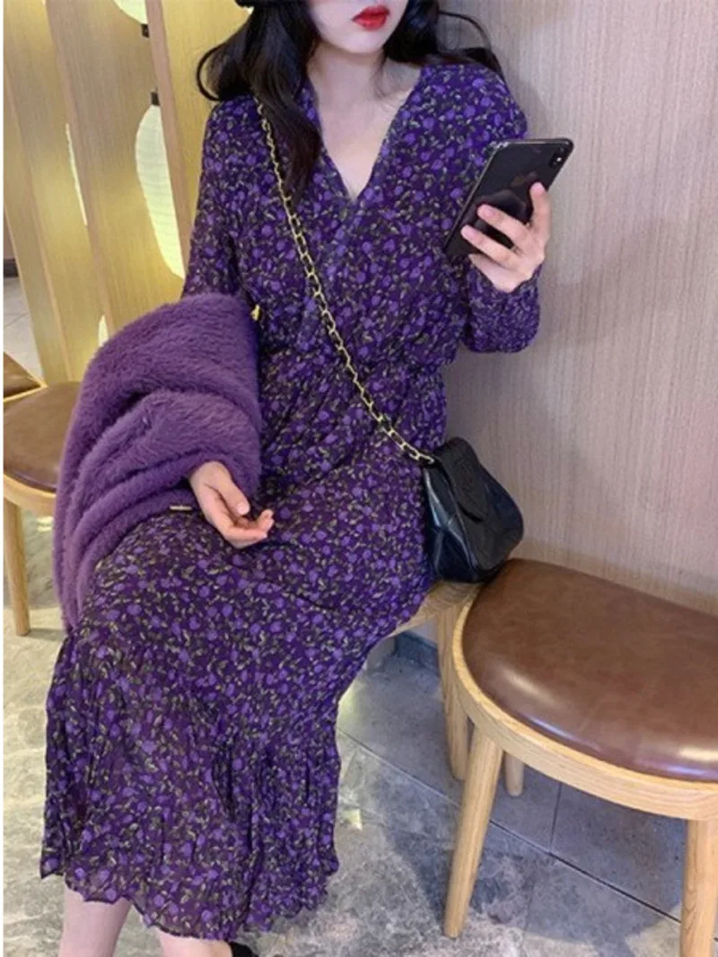 Summer floral dress female Ruffle edge lady style high waist long skirt dream purple medium length wrapped tea break skirt CO5Q