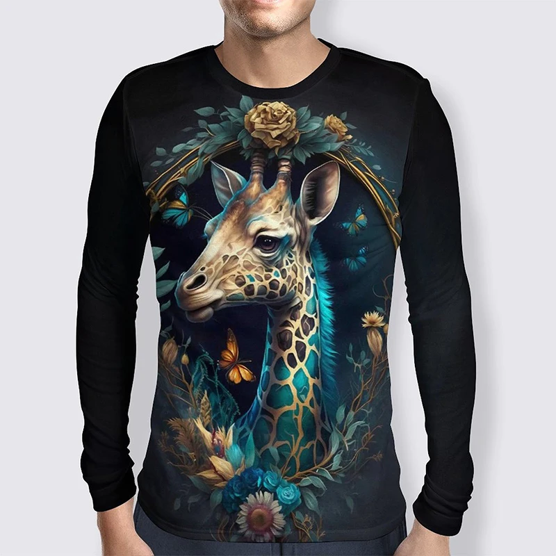 New Autumn Men's T-Shirt Funny Animal Giraffe Lion Leopard 3D Print Cool O-Neck Long Sleeve Fashion Casual Oversized T-Shirts