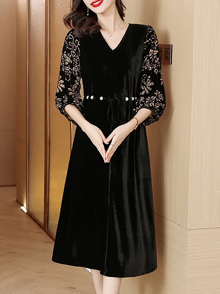 Korean Black Velvet Chic Hook Flower Hollow Luxury Evening Dress for Women 2024 Autumn Winter Long Sleeve Elegant Party Vestidos