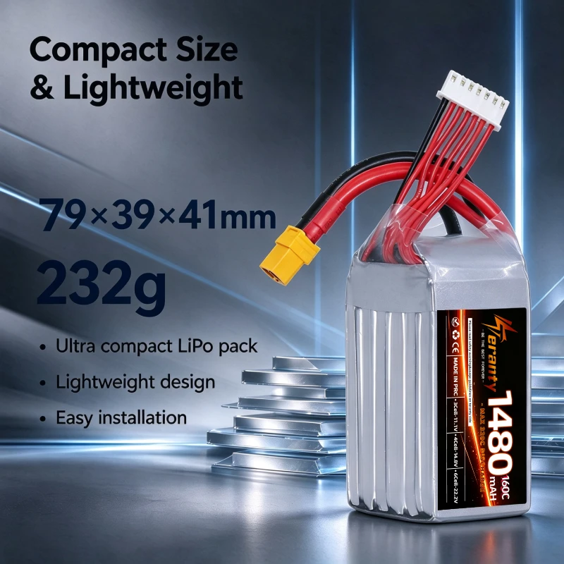 6S 22.2V 1480mAh 160C LiPo Battery XT60 Plug High Power RC Battery for FPV Freestyle Drone 1/10 1/12 Scale RC Racing Car