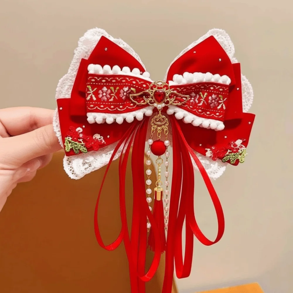 

Chinese Style Red Bow Ribbon Hair Clip Tassel Flower New Year Hairpin Princess Hanfu Hair Ornamen Home