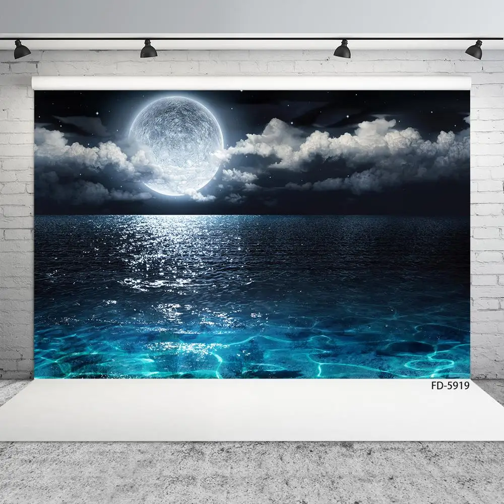 Full Moon Night Sea Dark Photography Backdrop Customized Fond Backgrounds Photo Studio for Portrait Children Baby Photophone