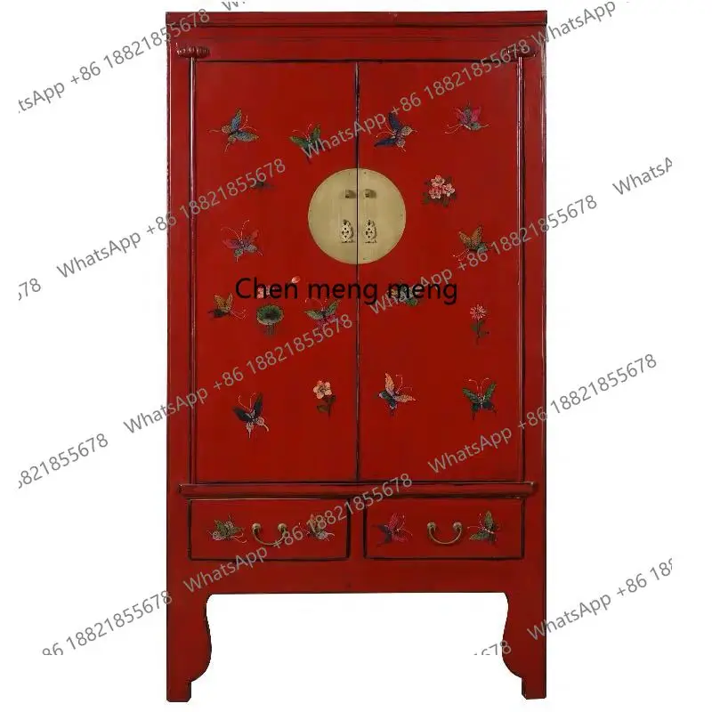 

New Chinese solid wood hand-painted large wardrobe neoclassical retro painted old large wardrobe storage cabinet