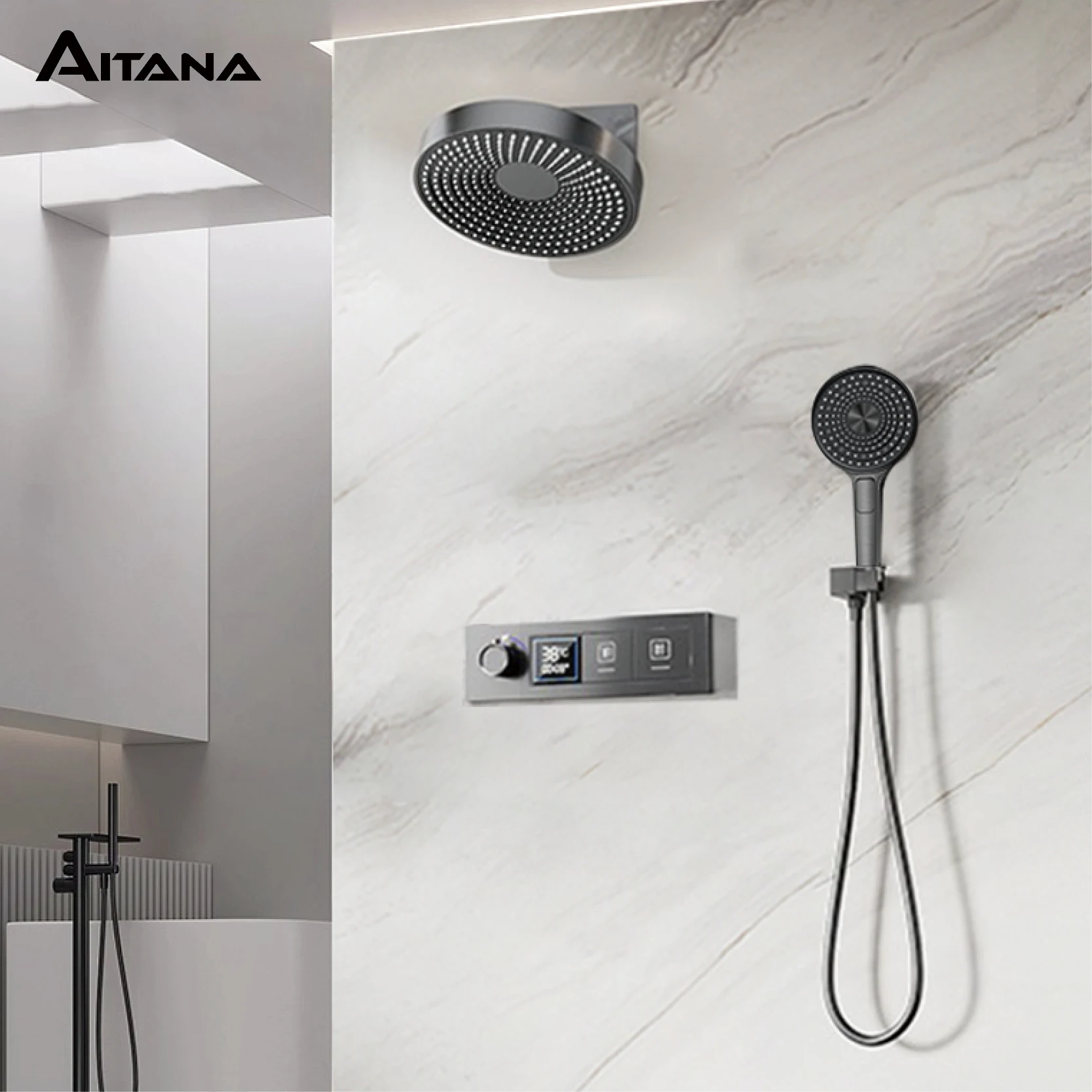 AITANA Luxury Black Brass LED Digital Display Constant Temperature Wall Mounted Bathroom Mixer Embedded 2-Function Shower System