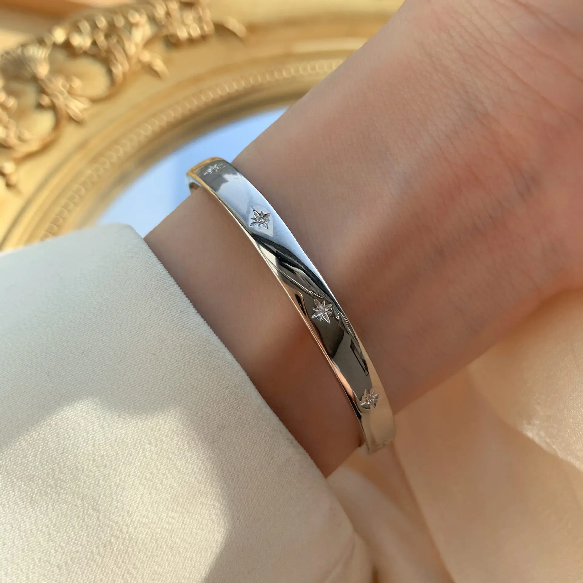 925 Sterling Silver Bangle Bracelet Golden Smooth Stars Polished Punk Stackable For Woman Girl Jewelry Gift Dropship Wholesale
