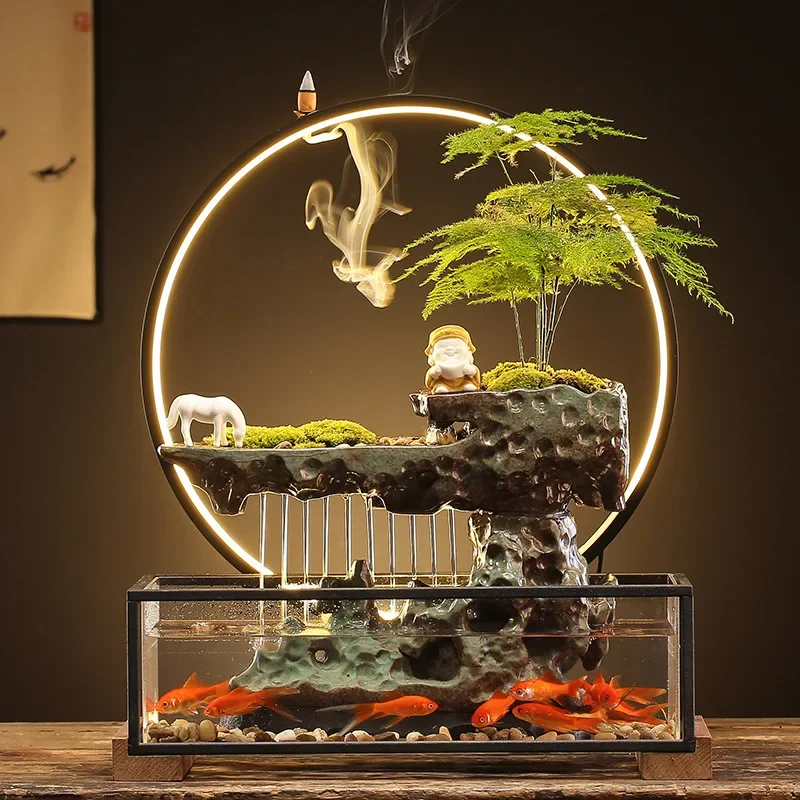 Aquarium Tabletop Fountains Creative Circulating Waterfalls Ceramic Feng Shui Living Room & Office Desktop Atomizing Humidifier