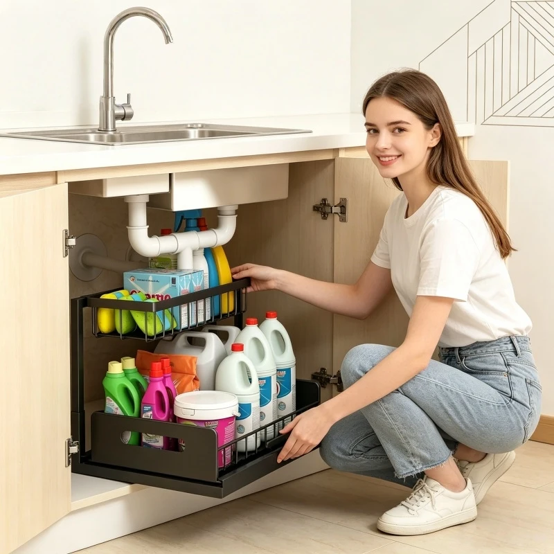 Organizador de Cozinha que Economiza Espaço, Organizador Deslizante de 2 Níveis para Abaixo da Pia, Armazenamento de Metal à Prova de Ferrugem para Armários de Cozinha e Banheiro